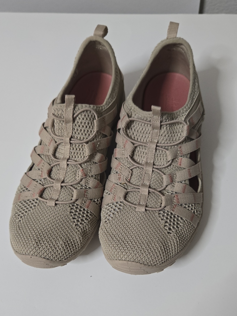Skechers Beige Knit Slip-On Casual Sneakers with Pink Insole
